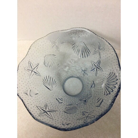 2 Blue Textured Glass  Ruffle Edge Serving Bowl 6" Sea Shells And Stars - Picture 2 of 5